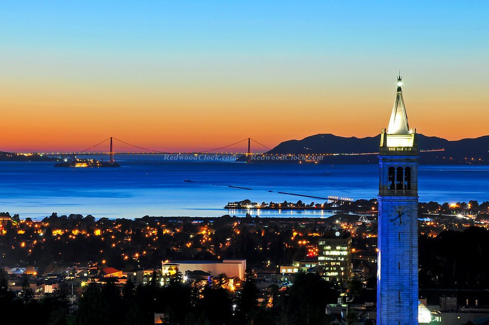 Blue LandMark Clock and Golden Gate at Sunset